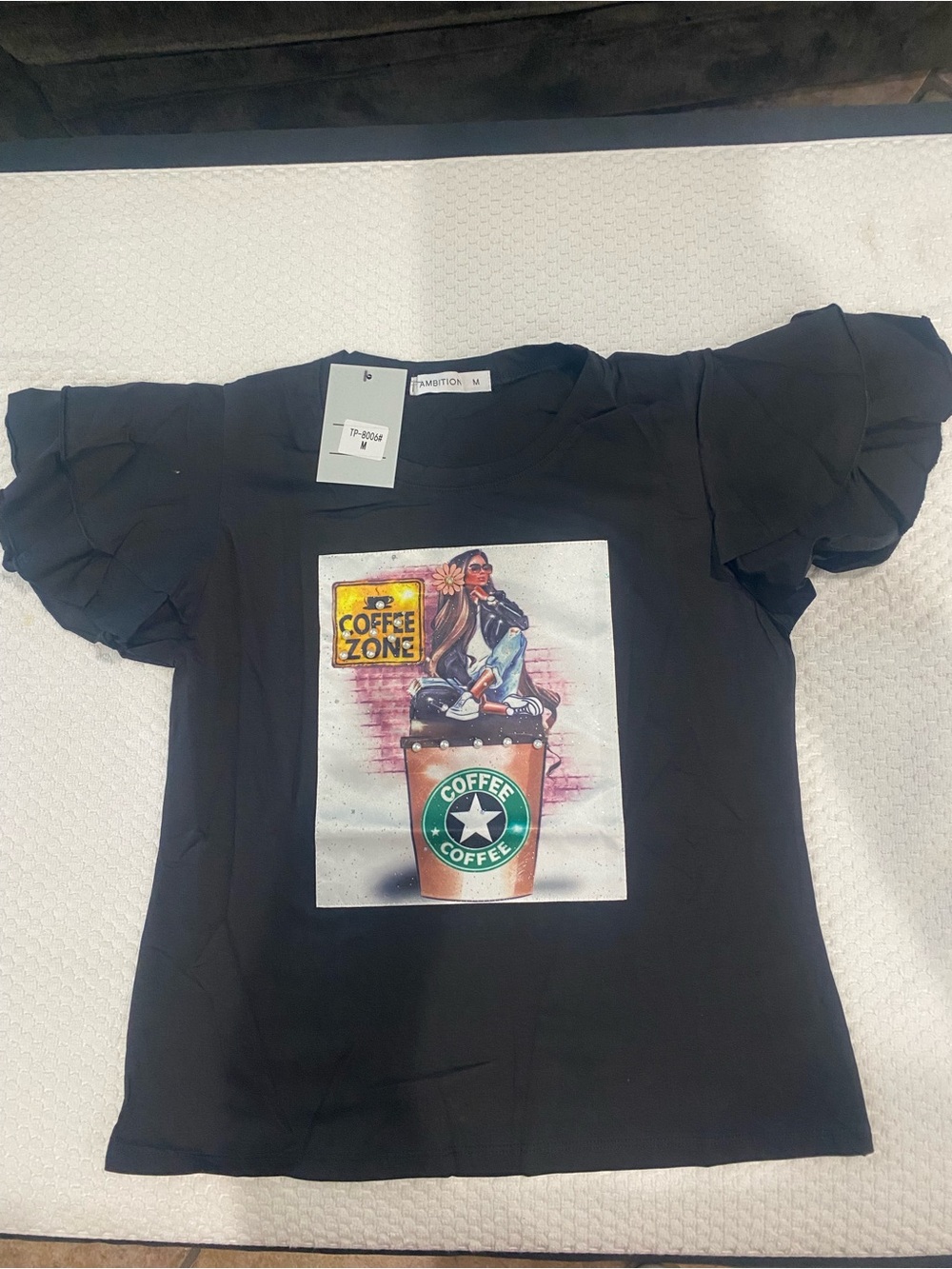 ambition Black Short Sleeve Tee with Colorful Coffee Graphic